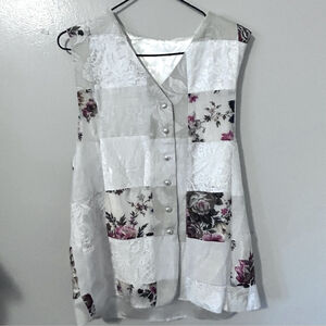 Vintage Floral and Lace Patchwork Sleeveless Vest Large Cottagecore Festival